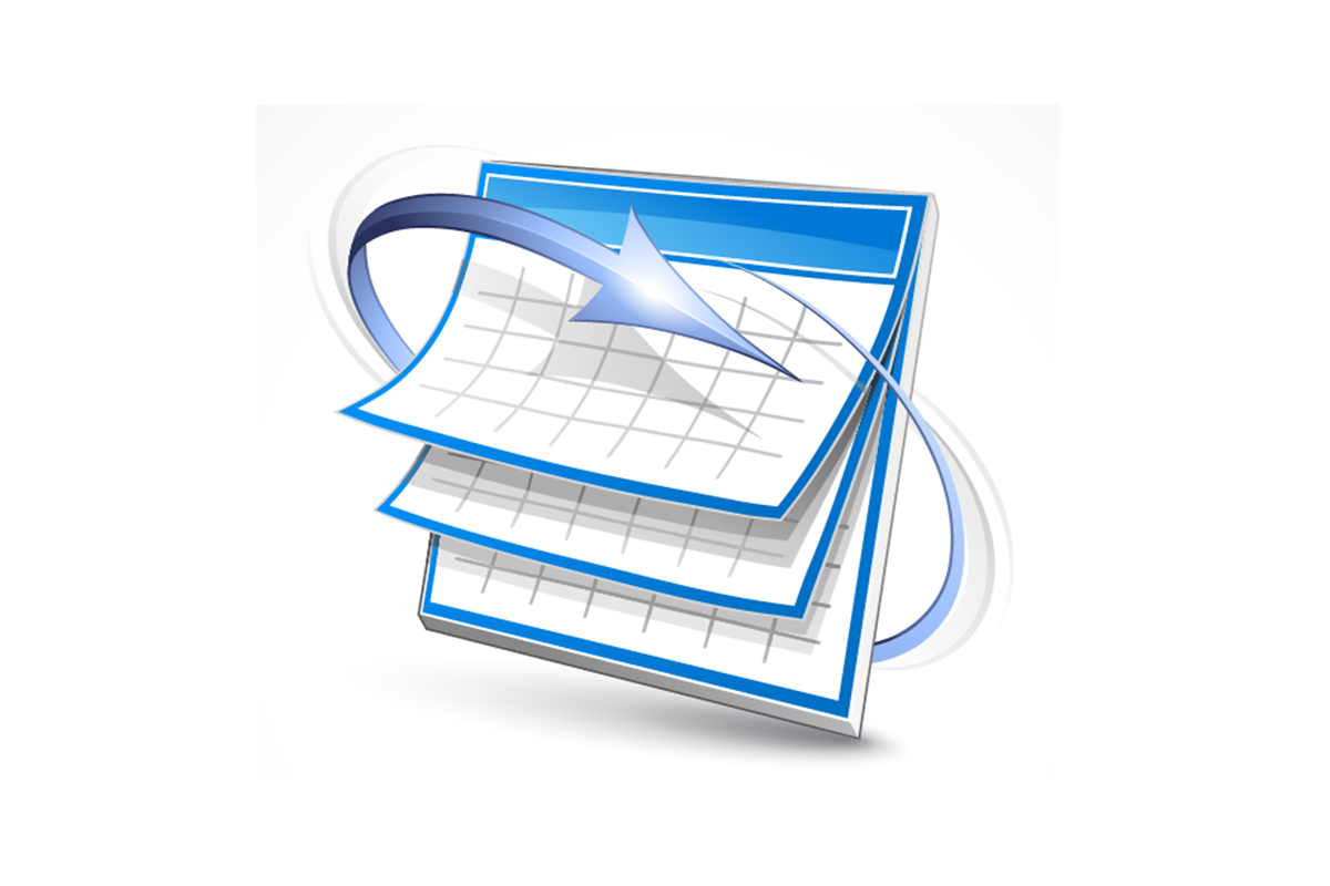 Blue calendar sheets with appointment grid and arrows indicating scheduling, representing dental appointment booking.