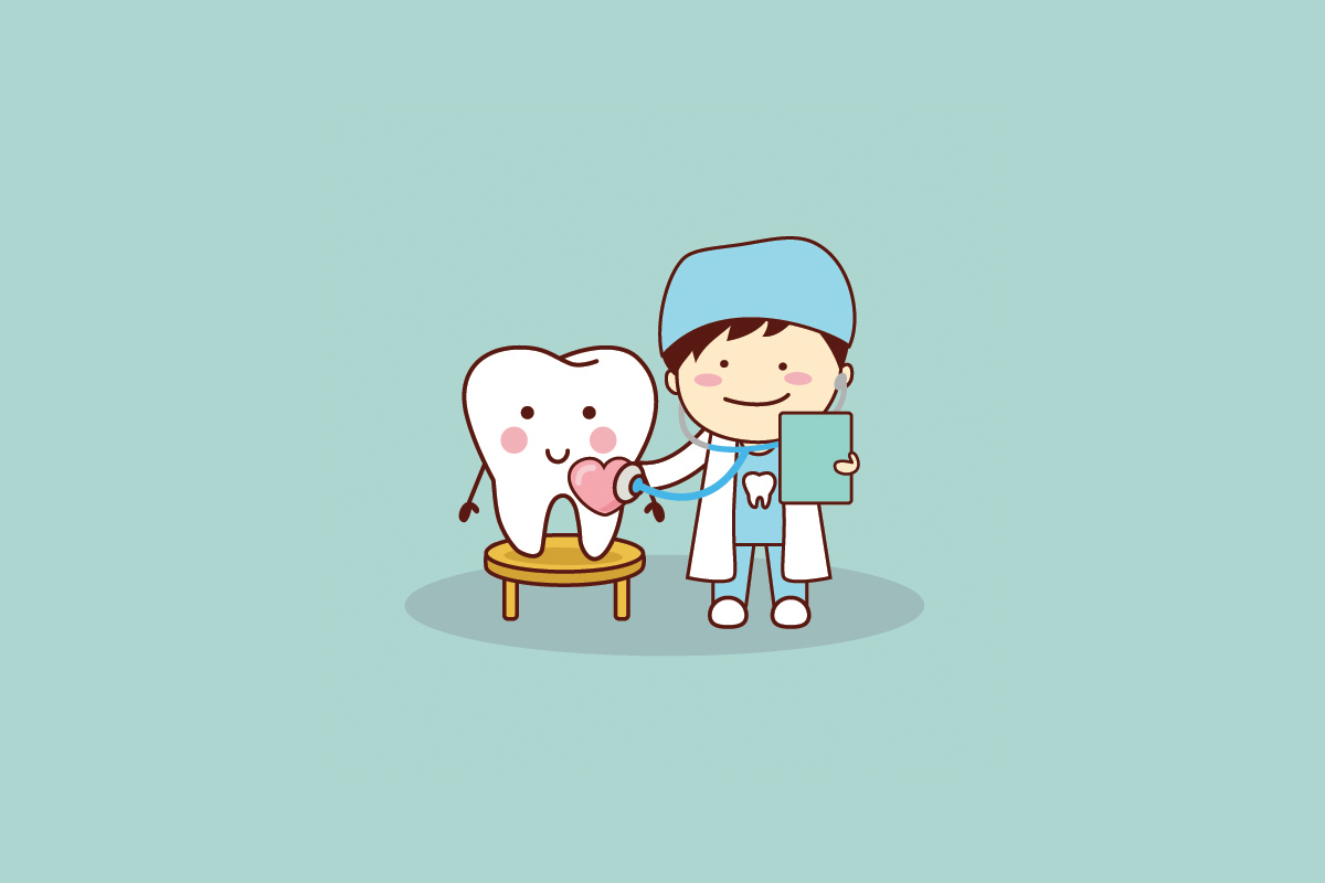 Cartoon dentist in blue scrubs stands beside smiling tooth character on light blue background.